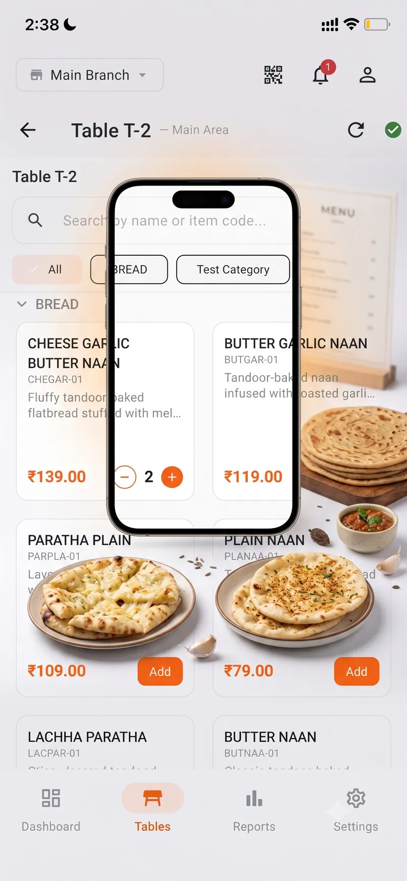 HostAir Captain App menu selection screen with items and modifiers added to the order cart