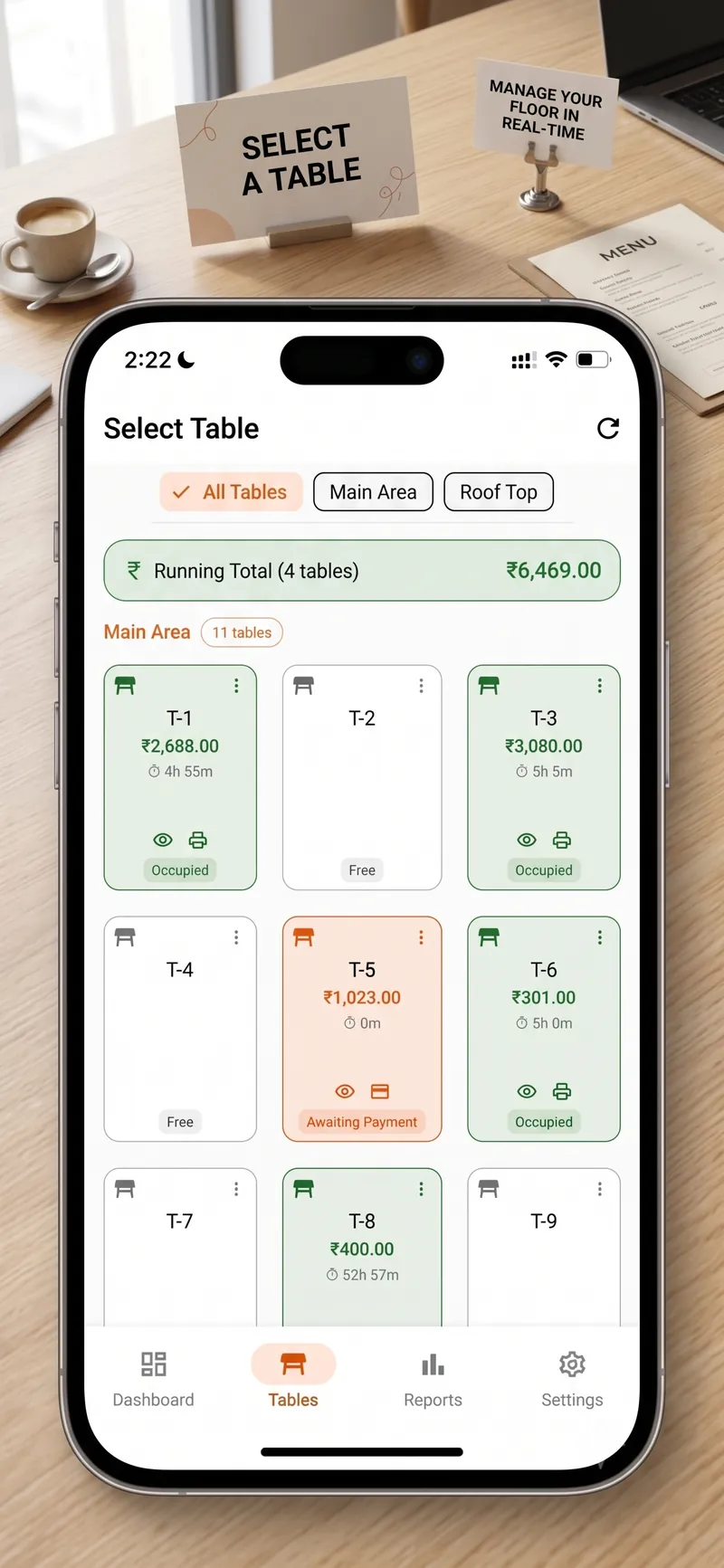 HostAir captain app showing restaurant tables as a grid with each table’s status